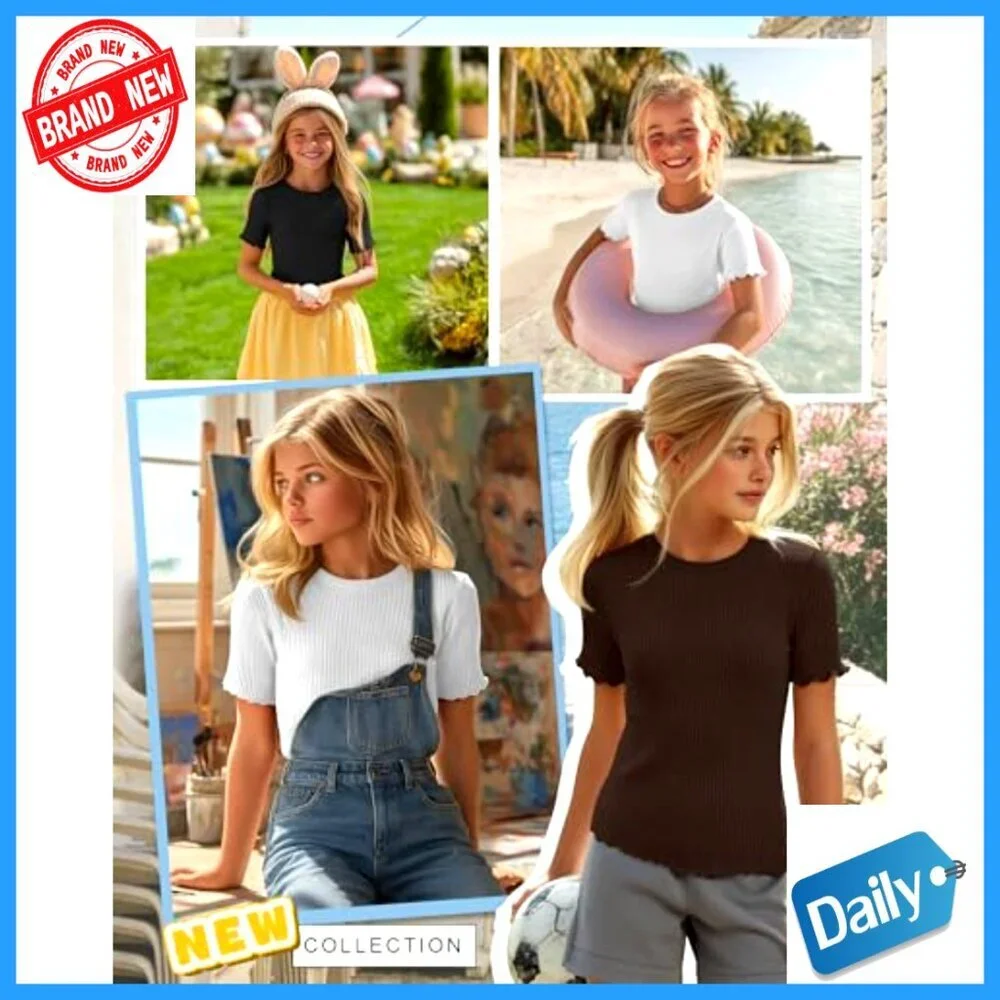 Girls' Ribbed Short Sleeve Tees 3-Pack Crew Neck Lettuce Trim Ages 5-14